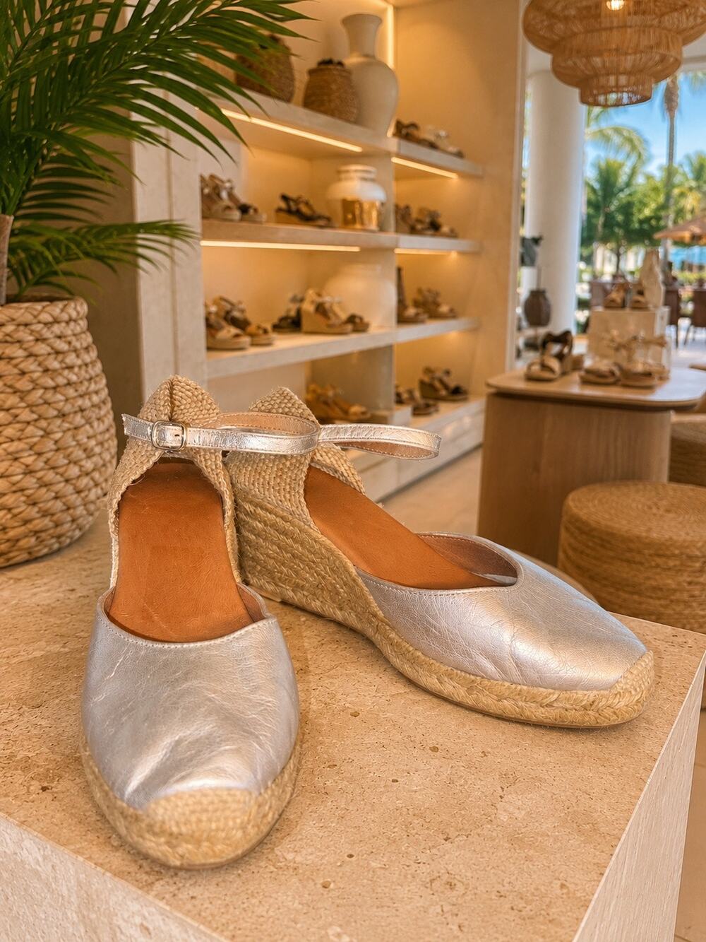 John Lewis Lloretta Silver Espadrille Wedge Sandals Closed Toe US 8.5-9 EU 39